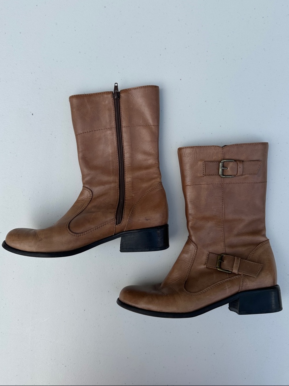 Women's Tan Leather Mid-Calf Lace-Up Style Boots with Side Buckle